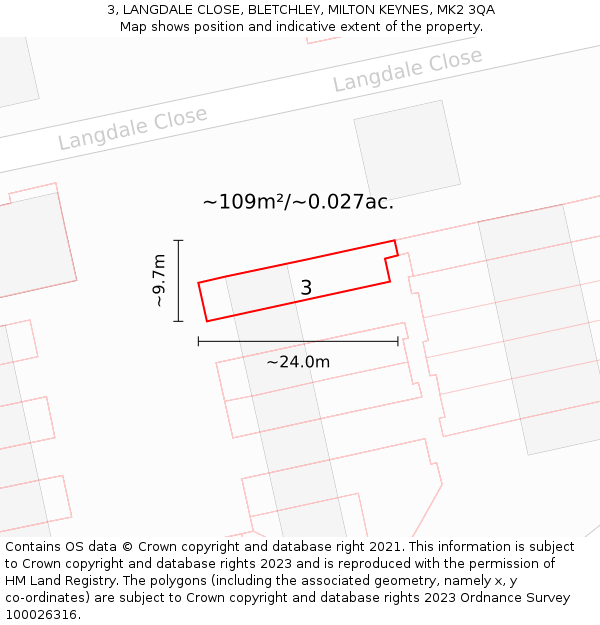 3, LANGDALE CLOSE, BLETCHLEY, MILTON KEYNES, MK2 3QA: Plot and title map