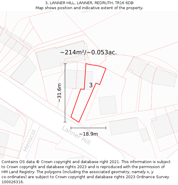3, LANNER HILL, LANNER, REDRUTH, TR16 6DB: Plot and title map