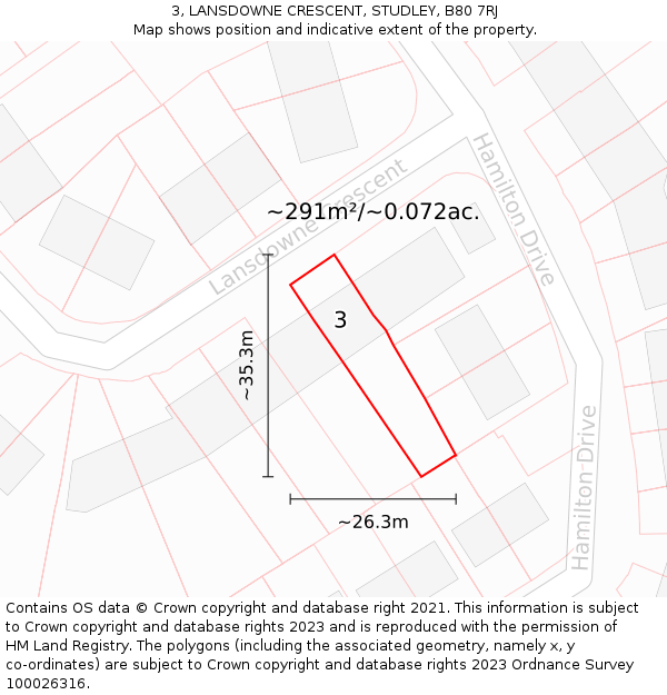 3, LANSDOWNE CRESCENT, STUDLEY, B80 7RJ: Plot and title map