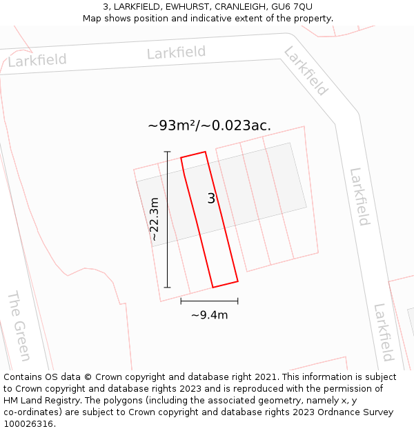 3, LARKFIELD, EWHURST, CRANLEIGH, GU6 7QU: Plot and title map