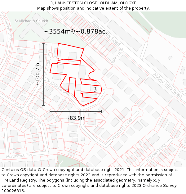 3, LAUNCESTON CLOSE, OLDHAM, OL8 2XE: Plot and title map