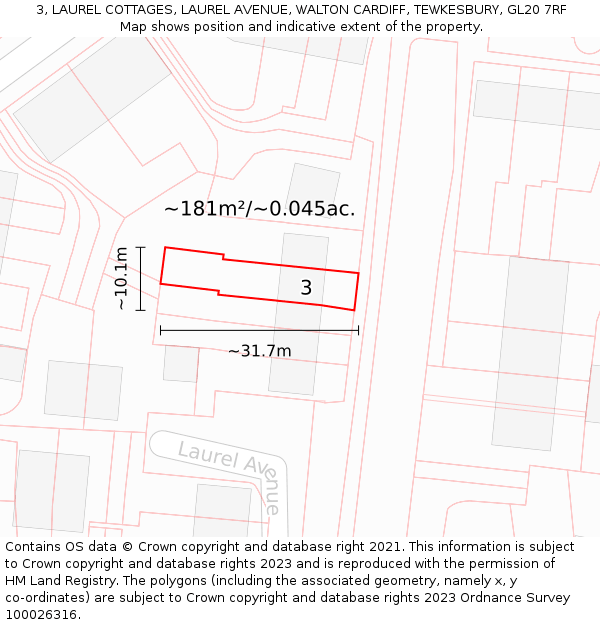 3, LAUREL COTTAGES, LAUREL AVENUE, WALTON CARDIFF, TEWKESBURY, GL20 7RF: Plot and title map