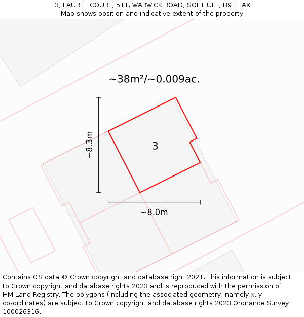 3, LAUREL COURT, 511, WARWICK ROAD, SOLIHULL, B91 1AX: Plot and title map