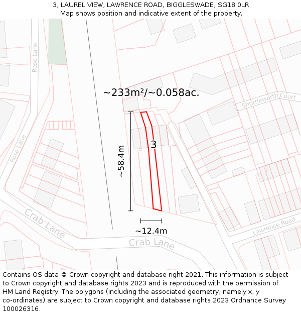 3, LAUREL VIEW, LAWRENCE ROAD, BIGGLESWADE, SG18 0LR: Plot and title map