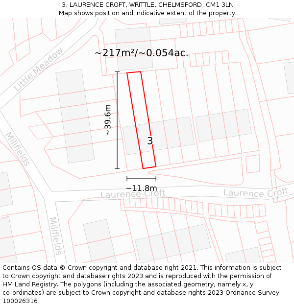 3, LAURENCE CROFT, WRITTLE, CHELMSFORD, CM1 3LN: Plot and title map