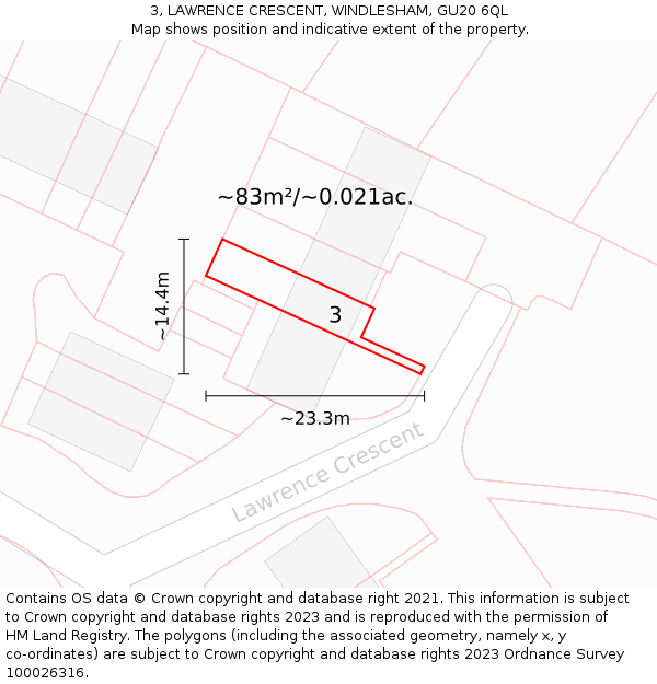 3, LAWRENCE CRESCENT, WINDLESHAM, GU20 6QL: Plot and title map