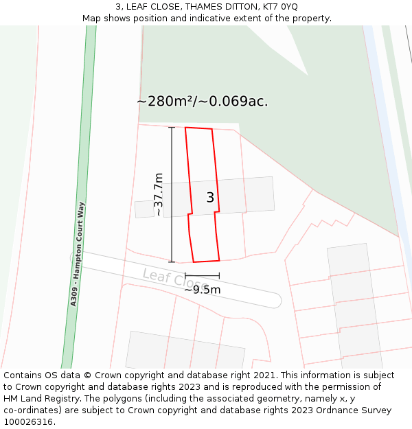 3, LEAF CLOSE, THAMES DITTON, KT7 0YQ: Plot and title map