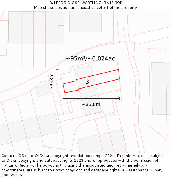 3, LEEDS CLOSE, WORTHING, BN13 3QP: Plot and title map