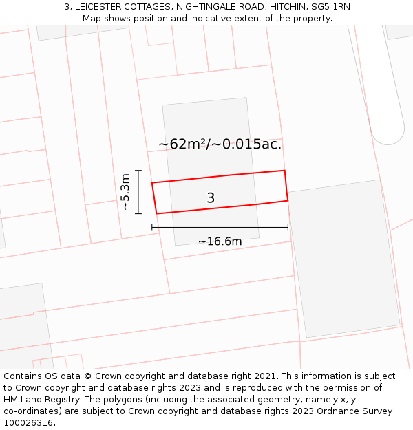 3, LEICESTER COTTAGES, NIGHTINGALE ROAD, HITCHIN, SG5 1RN: Plot and title map