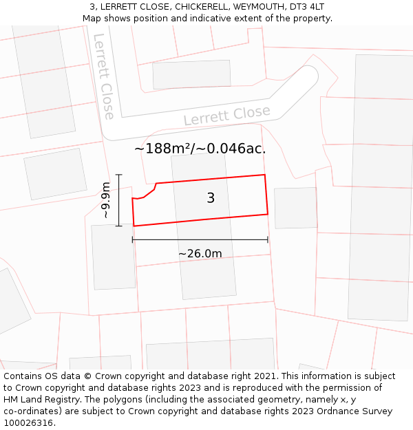 3, LERRETT CLOSE, CHICKERELL, WEYMOUTH, DT3 4LT: Plot and title map