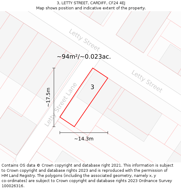 3, LETTY STREET, CARDIFF, CF24 4EJ: Plot and title map