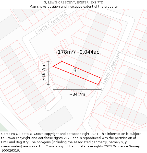 3, LEWIS CRESCENT, EXETER, EX2 7TD: Plot and title map