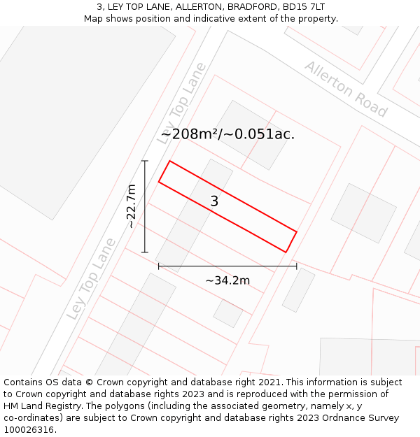 3, LEY TOP LANE, ALLERTON, BRADFORD, BD15 7LT: Plot and title map