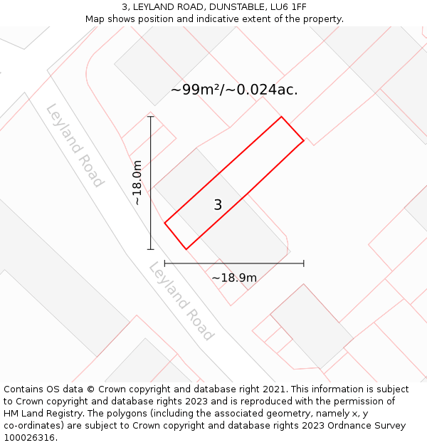 3, LEYLAND ROAD, DUNSTABLE, LU6 1FF: Plot and title map