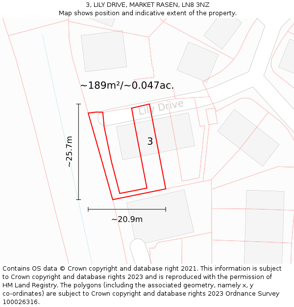 3, LILY DRIVE, MARKET RASEN, LN8 3NZ: Plot and title map