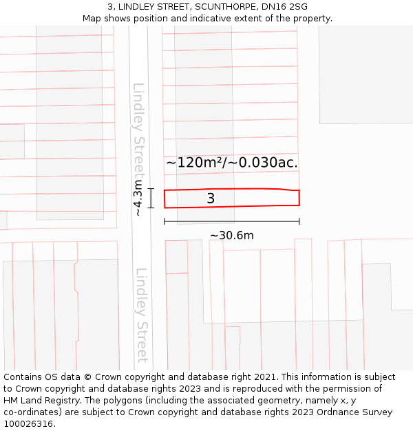 3, LINDLEY STREET, SCUNTHORPE, DN16 2SG: Plot and title map