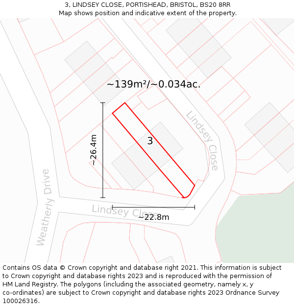 3, LINDSEY CLOSE, PORTISHEAD, BRISTOL, BS20 8RR: Plot and title map