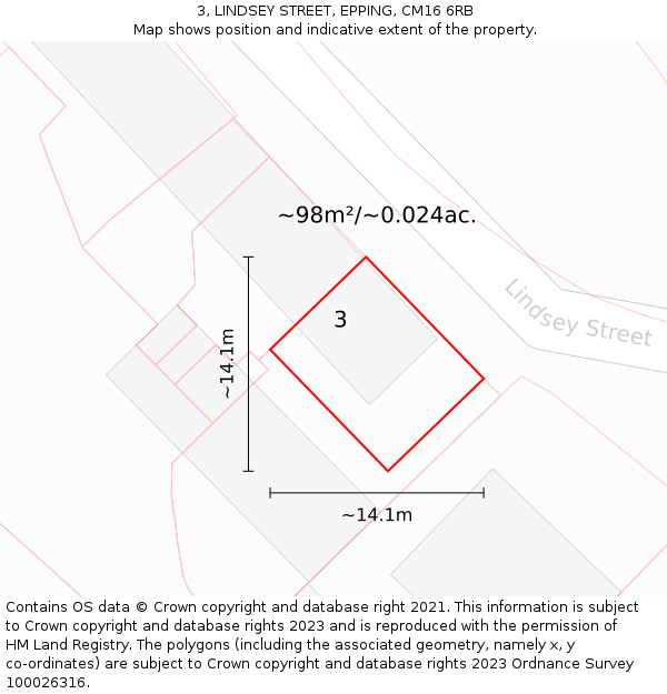 3, LINDSEY STREET, EPPING, CM16 6RB: Plot and title map