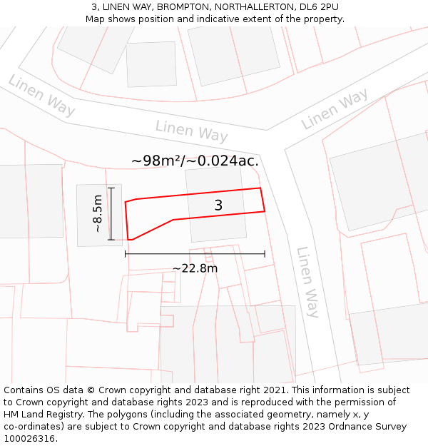 3, LINEN WAY, BROMPTON, NORTHALLERTON, DL6 2PU: Plot and title map