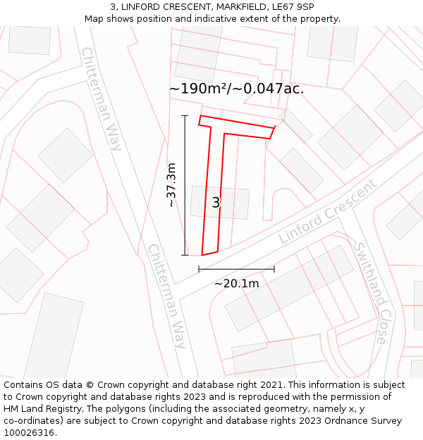 3, LINFORD CRESCENT, MARKFIELD, LE67 9SP: Plot and title map