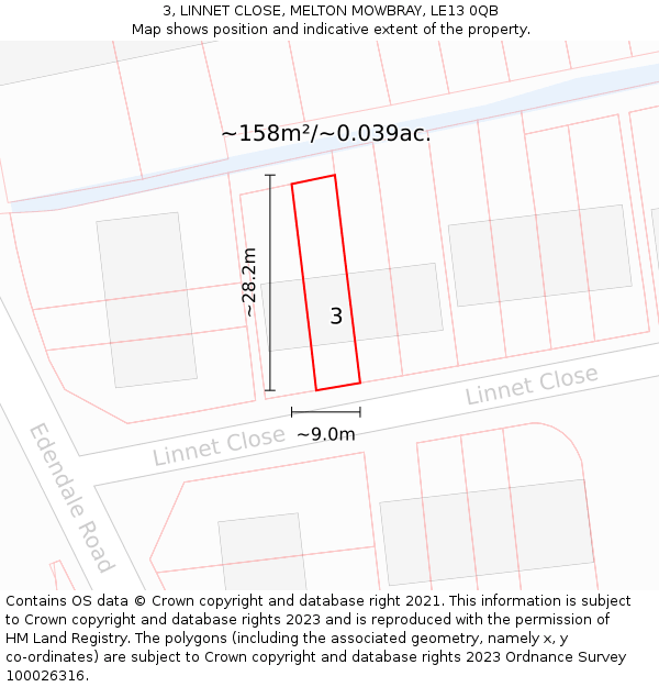 3, LINNET CLOSE, MELTON MOWBRAY, LE13 0QB: Plot and title map