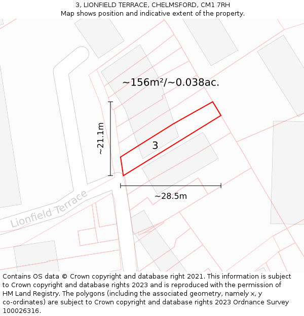 3, LIONFIELD TERRACE, CHELMSFORD, CM1 7RH: Plot and title map