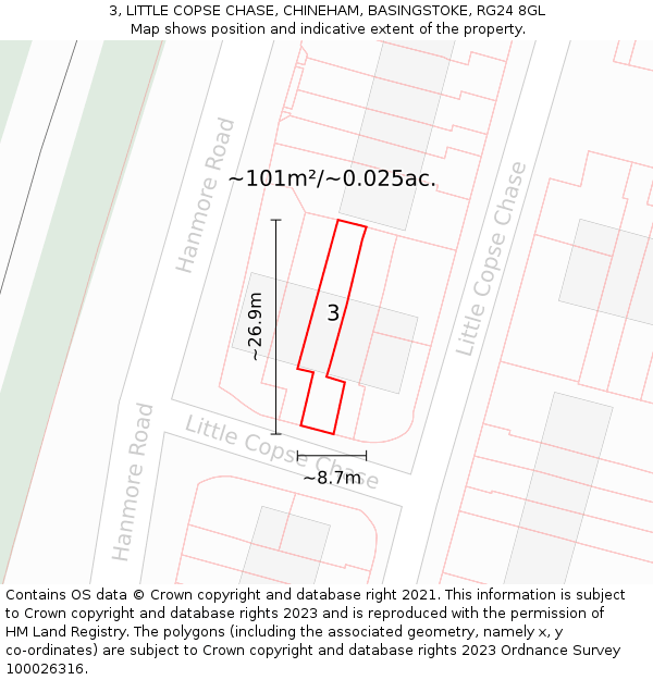 3, LITTLE COPSE CHASE, CHINEHAM, BASINGSTOKE, RG24 8GL: Plot and title map