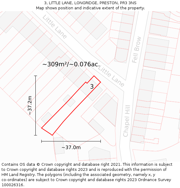 3, LITTLE LANE, LONGRIDGE, PRESTON, PR3 3NS: Plot and title map