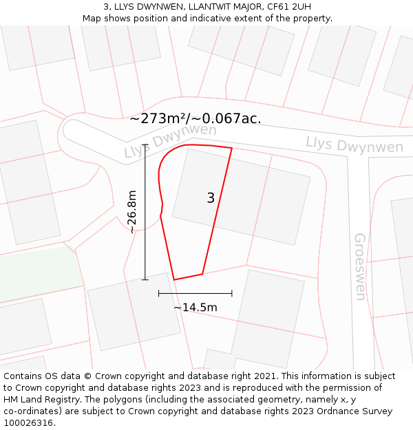 3, LLYS DWYNWEN, LLANTWIT MAJOR, CF61 2UH: Plot and title map