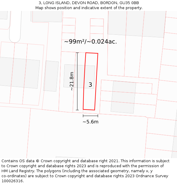 3, LONG ISLAND, DEVON ROAD, BORDON, GU35 0BB: Plot and title map