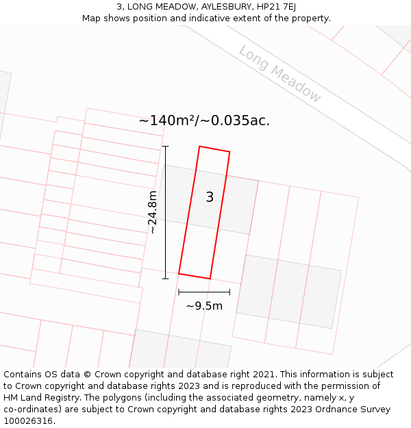 3, LONG MEADOW, AYLESBURY, HP21 7EJ: Plot and title map