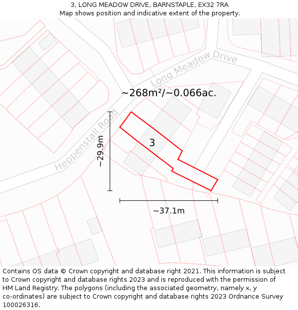 3, LONG MEADOW DRIVE, BARNSTAPLE, EX32 7RA: Plot and title map
