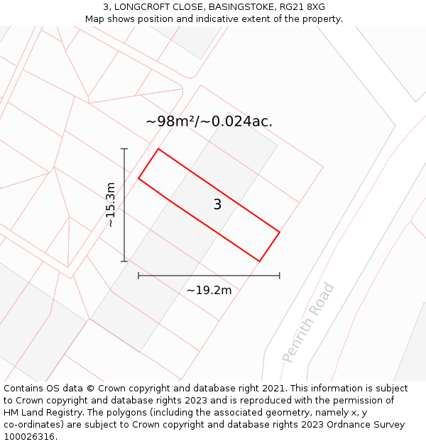 3, LONGCROFT CLOSE, BASINGSTOKE, RG21 8XG: Plot and title map
