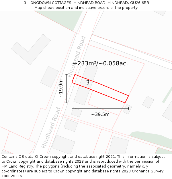 3, LONGDOWN COTTAGES, HINDHEAD ROAD, HINDHEAD, GU26 6BB: Plot and title map