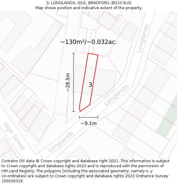 3, LONGLANDS, IDLE, BRADFORD, BD10 9UG: Plot and title map