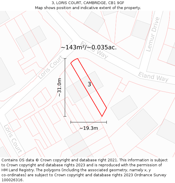 3, LORIS COURT, CAMBRIDGE, CB1 9GF: Plot and title map