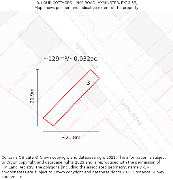 3, LOUP COTTAGES, LYME ROAD, AXMINSTER, EX13 5BJ: Plot and title map