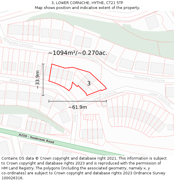 3, LOWER CORNICHE, HYTHE, CT21 5TP: Plot and title map