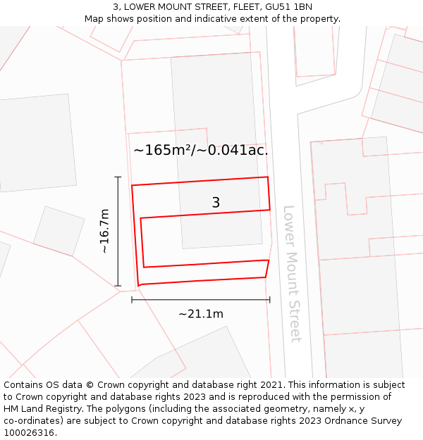 3, LOWER MOUNT STREET, FLEET, GU51 1BN: Plot and title map