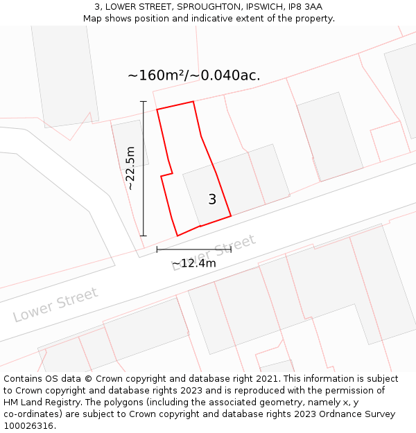 3, LOWER STREET, SPROUGHTON, IPSWICH, IP8 3AA: Plot and title map