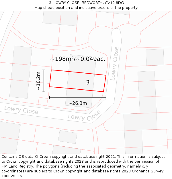 3, LOWRY CLOSE, BEDWORTH, CV12 8DG: Plot and title map