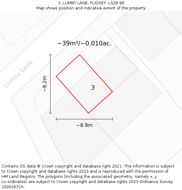 3, LUMBY LANE, PUDSEY, LS28 9JF: Plot and title map