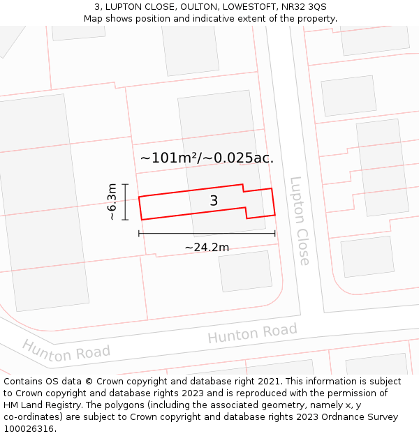 3, LUPTON CLOSE, OULTON, LOWESTOFT, NR32 3QS: Plot and title map