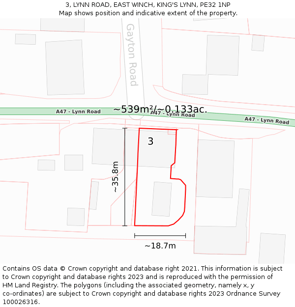 3, LYNN ROAD, EAST WINCH, KING'S LYNN, PE32 1NP: Plot and title map