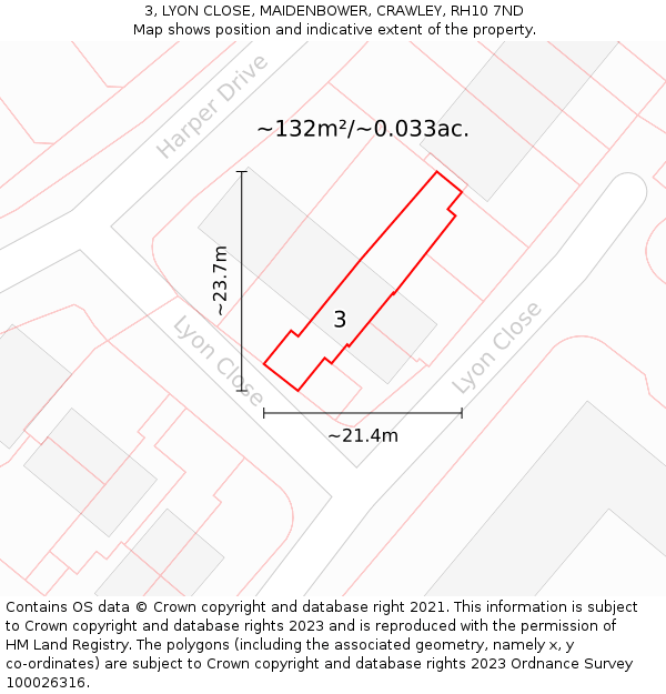3, LYON CLOSE, MAIDENBOWER, CRAWLEY, RH10 7ND: Plot and title map