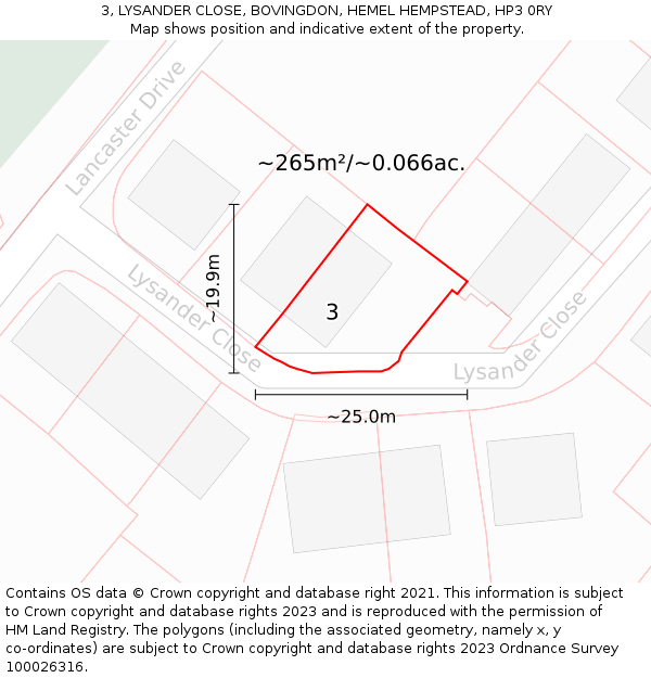 3, LYSANDER CLOSE, BOVINGDON, HEMEL HEMPSTEAD, HP3 0RY: Plot and title map