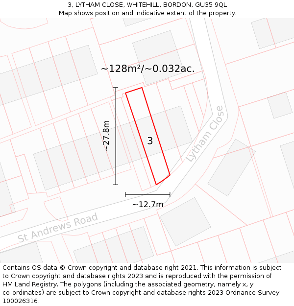 3, LYTHAM CLOSE, WHITEHILL, BORDON, GU35 9QL: Plot and title map