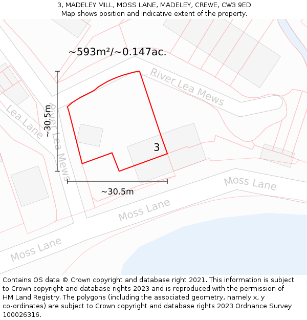 3, MADELEY MILL, MOSS LANE, MADELEY, CREWE, CW3 9ED: Plot and title map