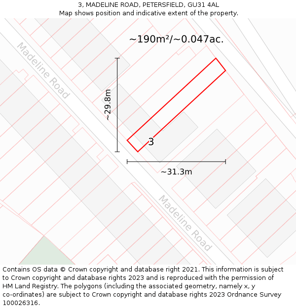 3, MADELINE ROAD, PETERSFIELD, GU31 4AL: Plot and title map