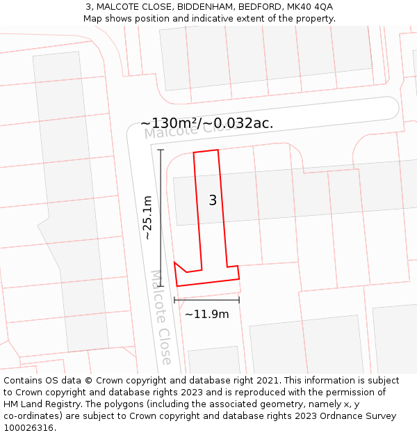 3, MALCOTE CLOSE, BIDDENHAM, BEDFORD, MK40 4QA: Plot and title map